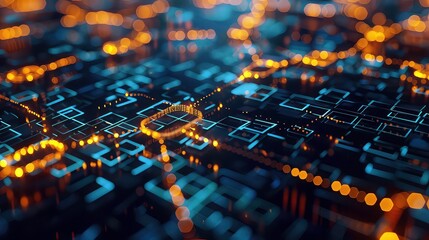 The image showcases a digital network with a complex grid structure and glowing lights, creating a visually captivating and futuristic aesthetic.