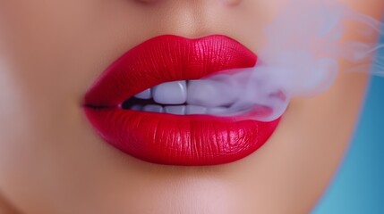 Naklejka premium A woman with red lips is smoking a cigarette. Concept of rebellion and defiance, as the woman is breaking social norms by smoking in public. The red lips add a touch of sensuality to the scene