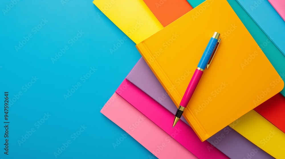 Poster a pen is on top of a stack of colorful books. the books are arranged in a rainbow pattern, with the 