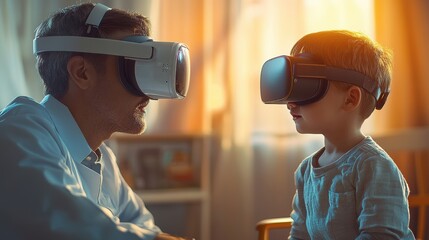 A father and son enjoy a virtual reality experience together, showcasing a unique bond through technology and imagination.