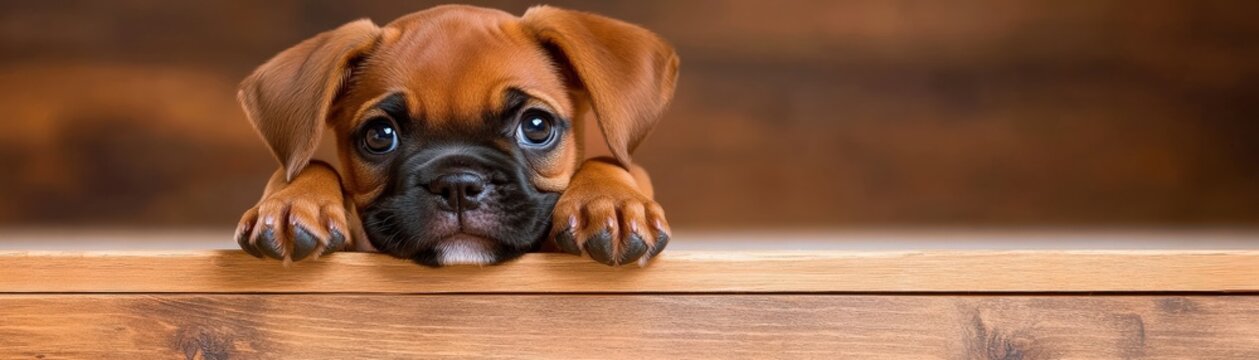 A cute puppy peeking over a wooden surface, showcasing adorable eyes and a playful expression.