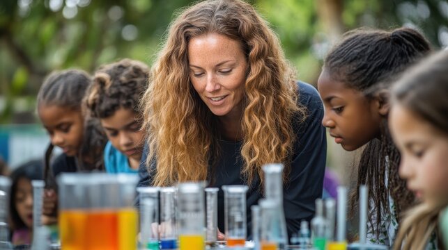 A joyful teacher engages children in science experiments, fostering curiosity and learning through hands-on activities in nature.