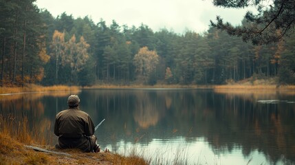 Obraz premium A serene fishing scene by a tranquil lake surrounded by lush forests and autumn colors, perfect for relaxation and nature appreciation.