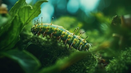 Caterpillar crawling through green leaves