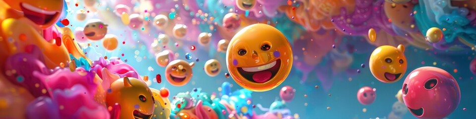Playful emojis floating through a vibrant, abstract wonderland, symbolizing fun and imagination.