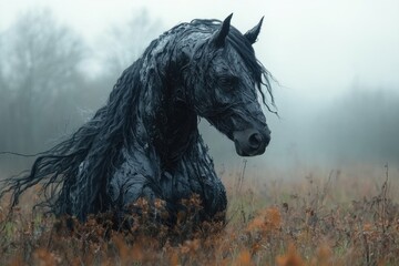 Majestic black horse covered in mud standing in a foggy field.