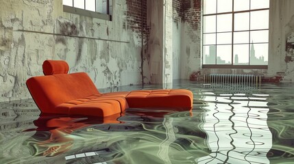 Flooded Interior with Orange Couch