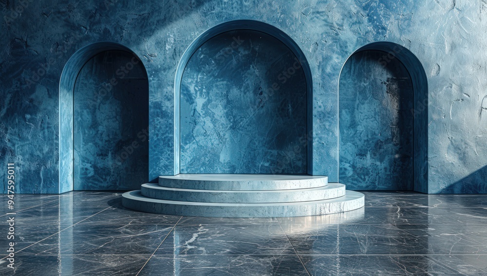 Poster A 3D rendering of a blue marble archway with a round platform in the center.