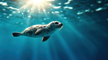 Naklejka premium A playful seal gracefully swims underwater, illuminated by soft sunlight filtering through the ocean's surface.