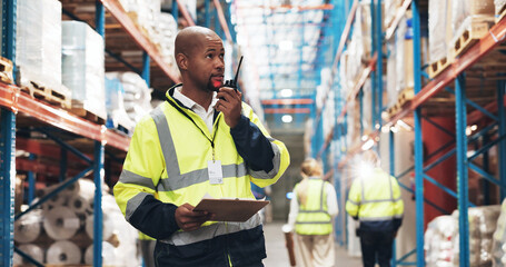 Black man, clipboard and logistics with radio for communication or inventory inspection at...