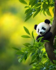 Obraz premium A playful panda cub resting on a tree branch surrounded by lush green leaves, capturing the essence of wildlife tranquility.
