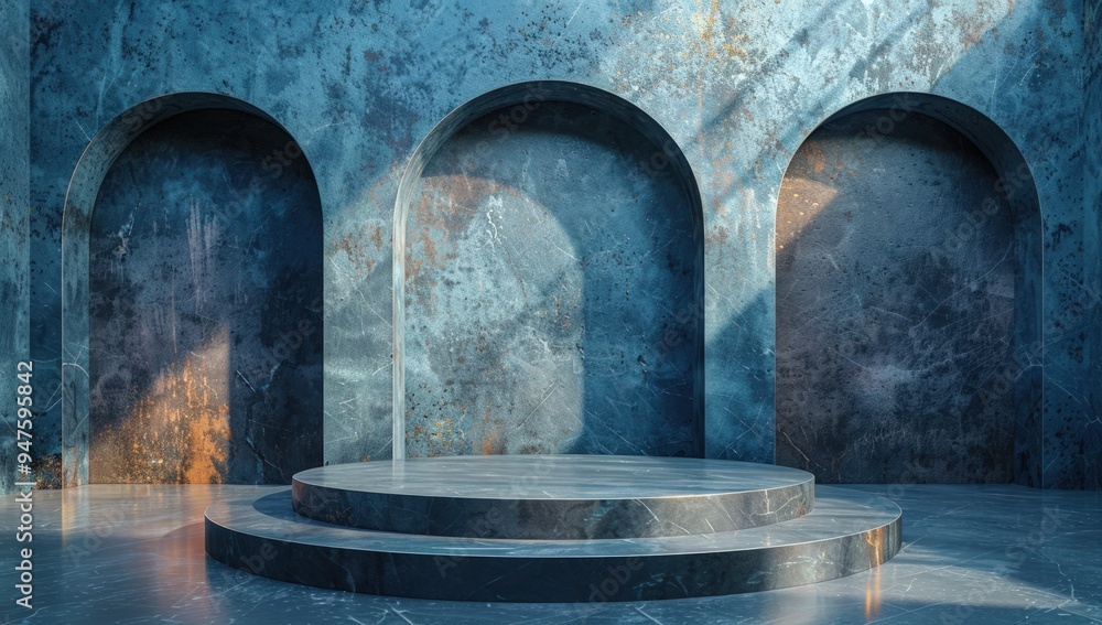 Poster A 3D rendering of a blue marble archway with a round platform in the center.