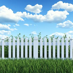 White picket fence with green grass and blue sky background.