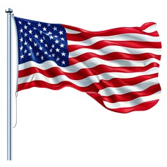 Waving American flag on a flagpole against a white background.