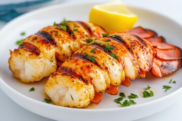 Grilled lobster tail garnished with fresh herbs and lemon, showcasing a delicious seafood dish on a white plate.