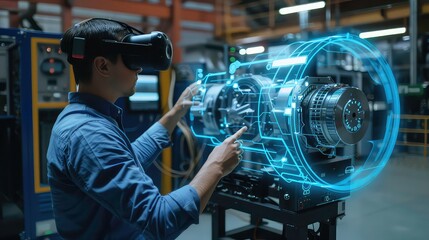A worker utilizes a virtual reality headset to interact with a virtual model of a machine in a factory setting, showcasing the future of industrial technology.