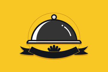 Black Dish with lid holding hands isolated on yellow, opened restaurant cloche,concept icons set