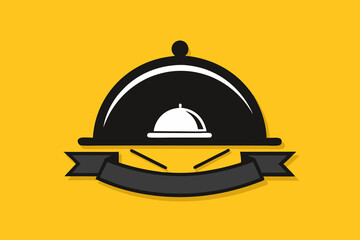 Black Dish with lid holding hands isolated on yellow, opened restaurant cloche,concept icons set