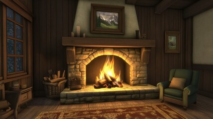 Cozy fireplace with crackling flames