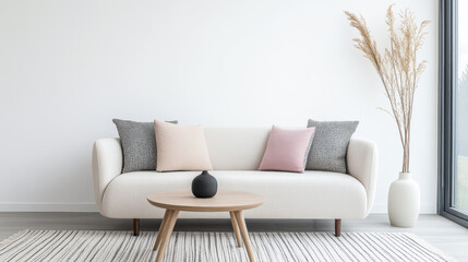 Modern interior design composition with a sofa, coffee table and minimalist decor next to a large window. Luxury interiors in neutral tones.