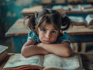 Student kid crying in classroom. Sad and tired schoolgirl.