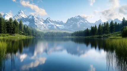 73. "A detailed 3D render of a serene mountain lake with a reflection of the surrounding peaks and clear skies