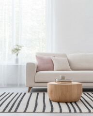 Fototapeta premium Modern interior design composition with a sofa, coffee table and minimalist decor next to a large window. Luxury interiors in neutral tones.