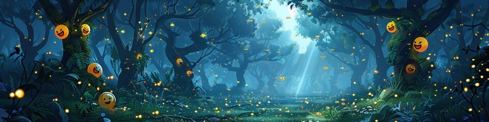 Fototapeta na wymiar Mystical forest with emojis as fireflies, twinkling in the twilight.
