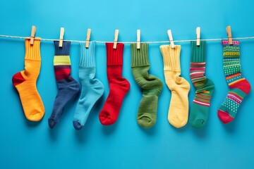 Colorful socks hanging on a clothesline against an isolated blue background, national sock day