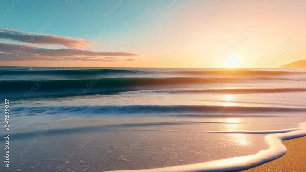 Poster the ocean is calm and the sun is setting, creating a beautiful