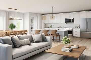 Fototapeta premium A light - filled living space with seamless transitions between the kitchen, dining, and lounge areas, creating an inviting open - concept layout