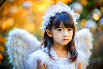 Adorable Little Girl with Angel Wings in a Magical Forest.