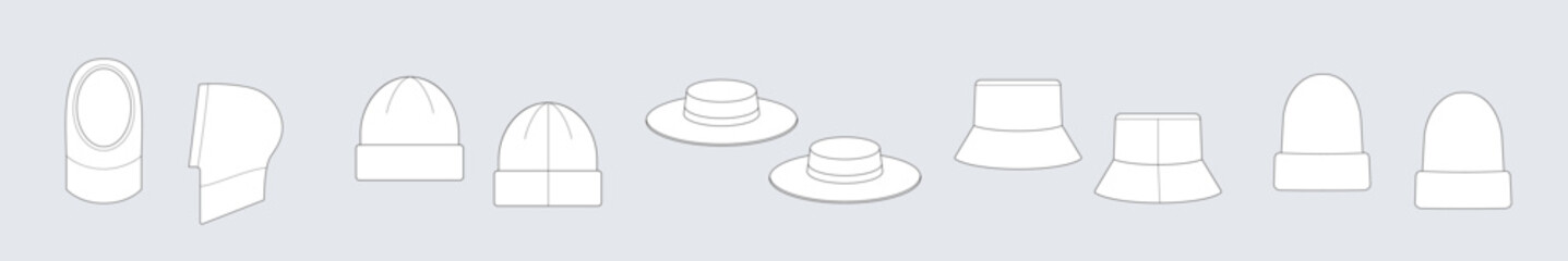 Set of different types of hat  templates isolated on a grey background. Summer hat, balaclava, bonnet, cap, fall hat.Front and back view. Outline fashion technical sketch of accessories model.