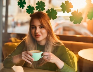 Creative concept image of happy young woman sitting at the cafe with holiday st. Patrick's day decorations celebrating and drinking coffee in cup mug.