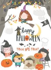 Funny children wearing in Halloween costumes. Trick or treat