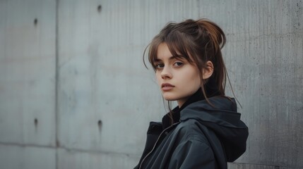 Young woman in stylish hooded jacket against a concrete wall. Urban fashion and modern vibes combined in this portrait shot.
