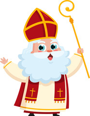 Cute Saint Nicholas or Sinterklaas Cartoon Character Holding A Scepter And Waving For Greeting. Vector Illustration Flat Design Isolated On Transparent Background