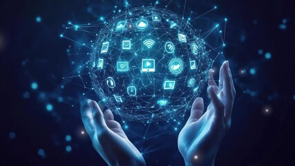 Abstract globe background. Global network connectivity. Internet community in social media marketing. Internet of Things. Interconnected global network with icons representing social media. Technology - Powered by Adobe