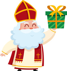 Cute Saint Nicholas or Sinterklaas Cartoon Character Holding Up A Gift Box. Vector Illustration Flat Design Isolated On Transparent Background