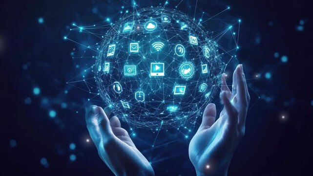 Abstract globe background. Global network connectivity. Internet community in social media marketing. Internet of Things. Interconnected global network with icons representing social media. Technology - Powered by Adobe