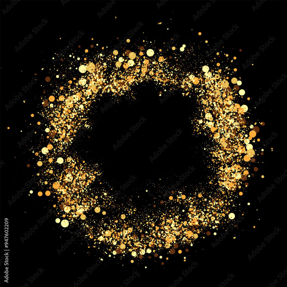 Poster scattered golden particles in a circle on a white background. festive background or design element.
