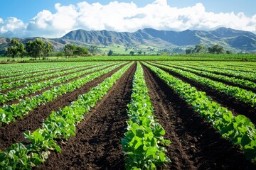Obraz premium Organic farm with a focus on soil health and natural fertilizers. Fields with rich, dark soil and green crops, Generative AI