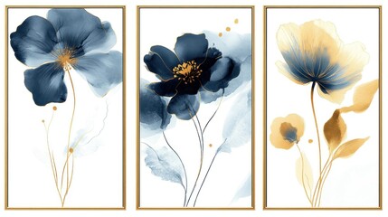 Set of Abstract Floral Dark Blue and Golden Art Posters in Gold Frames. generative AI