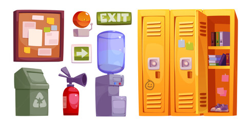 School corridor furniture and equipment - cartoon vector closed and open locker with student books and shoes, bulletin board and water bottle, fire extinguisher and trash bin, exit sign and wall bell.