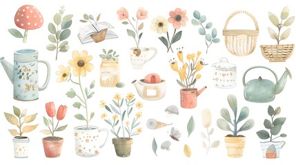 Watercolor Illustration of Garden Elements