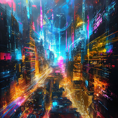 Neon Reverie: A vivid digital artwork of a cyberpunk city with glowing holograms and futuristic skyscrapers, blending vibrant colors and dynamic brushstrokes to create an energetic urban scene.