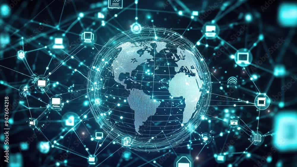 Poster earth surrounded by computers and network connections. symbolizing global network connectivity in cy