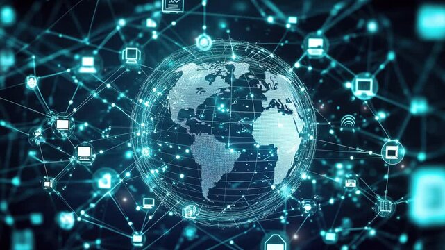 Earth surrounded by computers and network connections. Symbolizing global network connectivity in cyberspace technology. World of internet technology. Technology background. Abstract globe background
