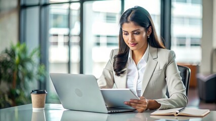 An Indian businesswoman analyzing financial reports in a corporate environment.
