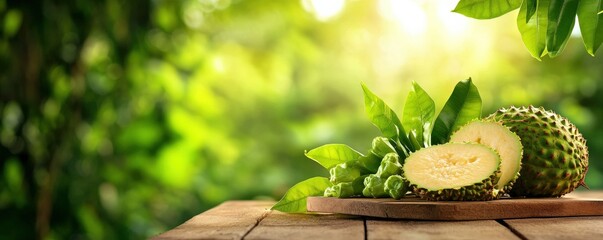 Fresh soursop fruit sliced on a wooden table, surrounded by lush green leaves, showcasing its tropical essence.